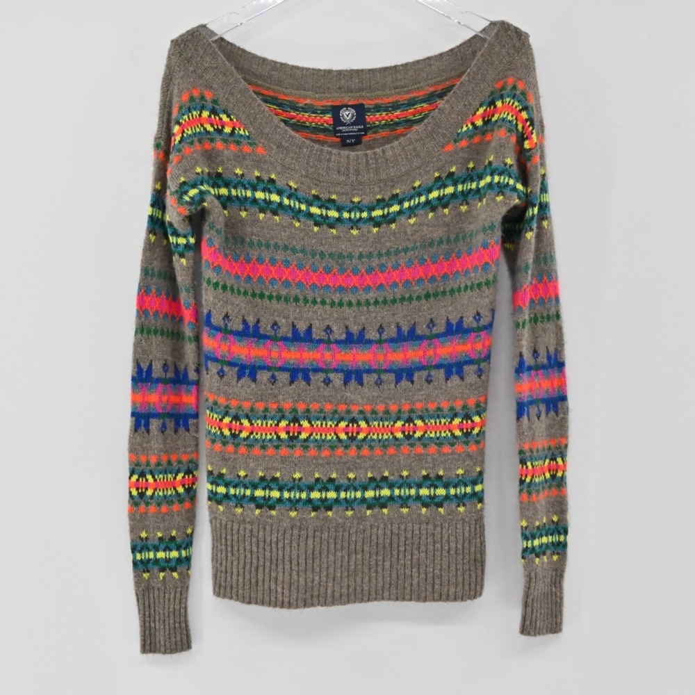 American Eagle‎ Fair Isle Sweater Womens Size S Brown Neon Wool Blend Y2K Boho